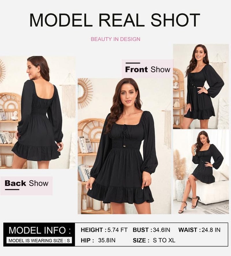 Dokotoo Womens Dresses Square Neck Long Puff Sleeve Elastic Waist A-Line Casual Mini Dress