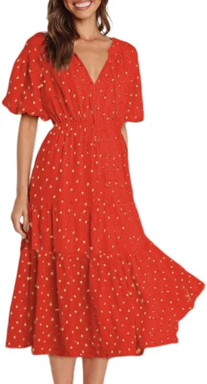 Dokotoo Womens V Neck Dresses Lantern Long Sleeve Lace Trim Midi Dress Tassel Belt Shirt Dress Red Z / Large