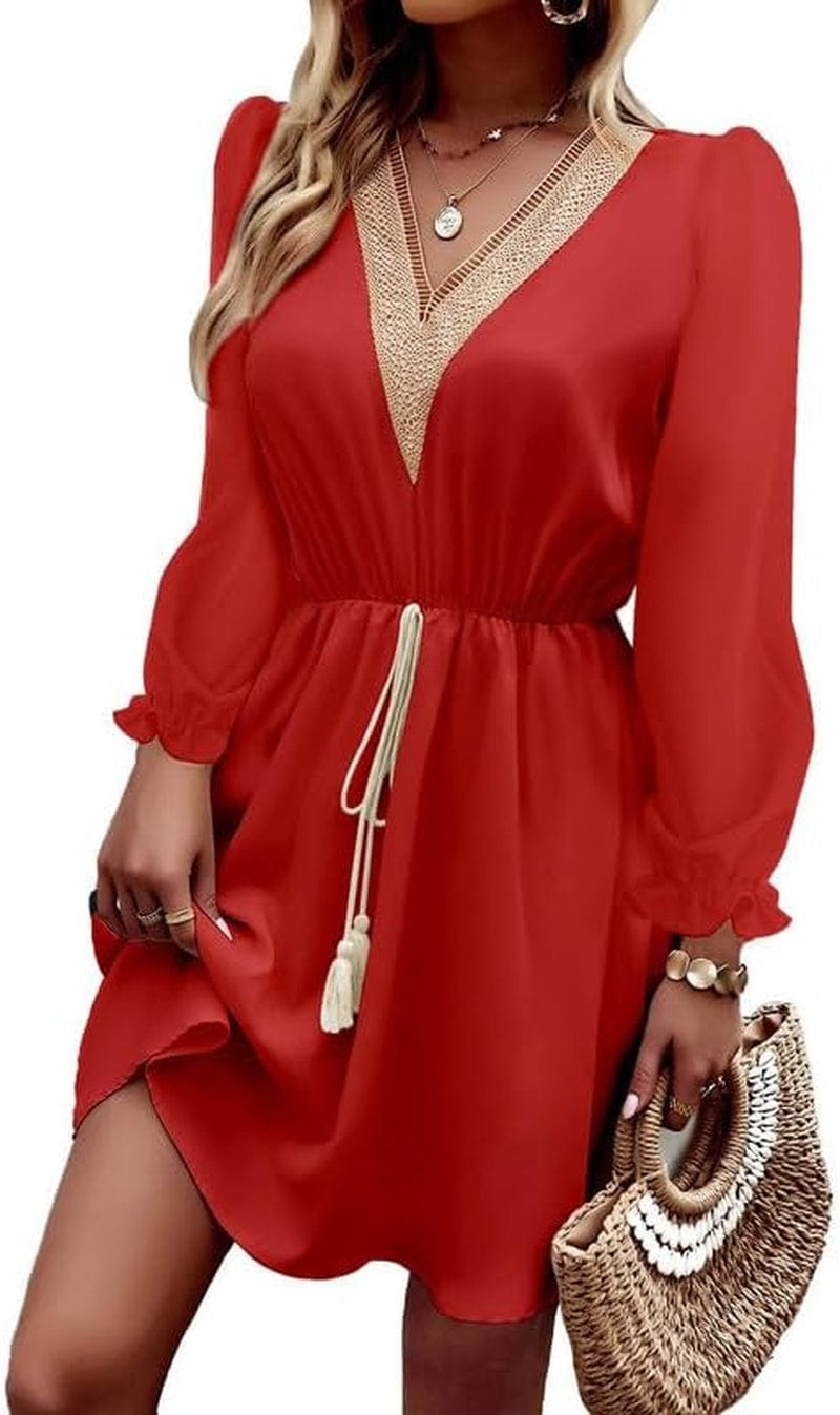 Dokotoo Womens V Neck Dresses Lantern Long Sleeve Lace Trim Midi Dress Tassel Belt Shirt Dress Red / Large