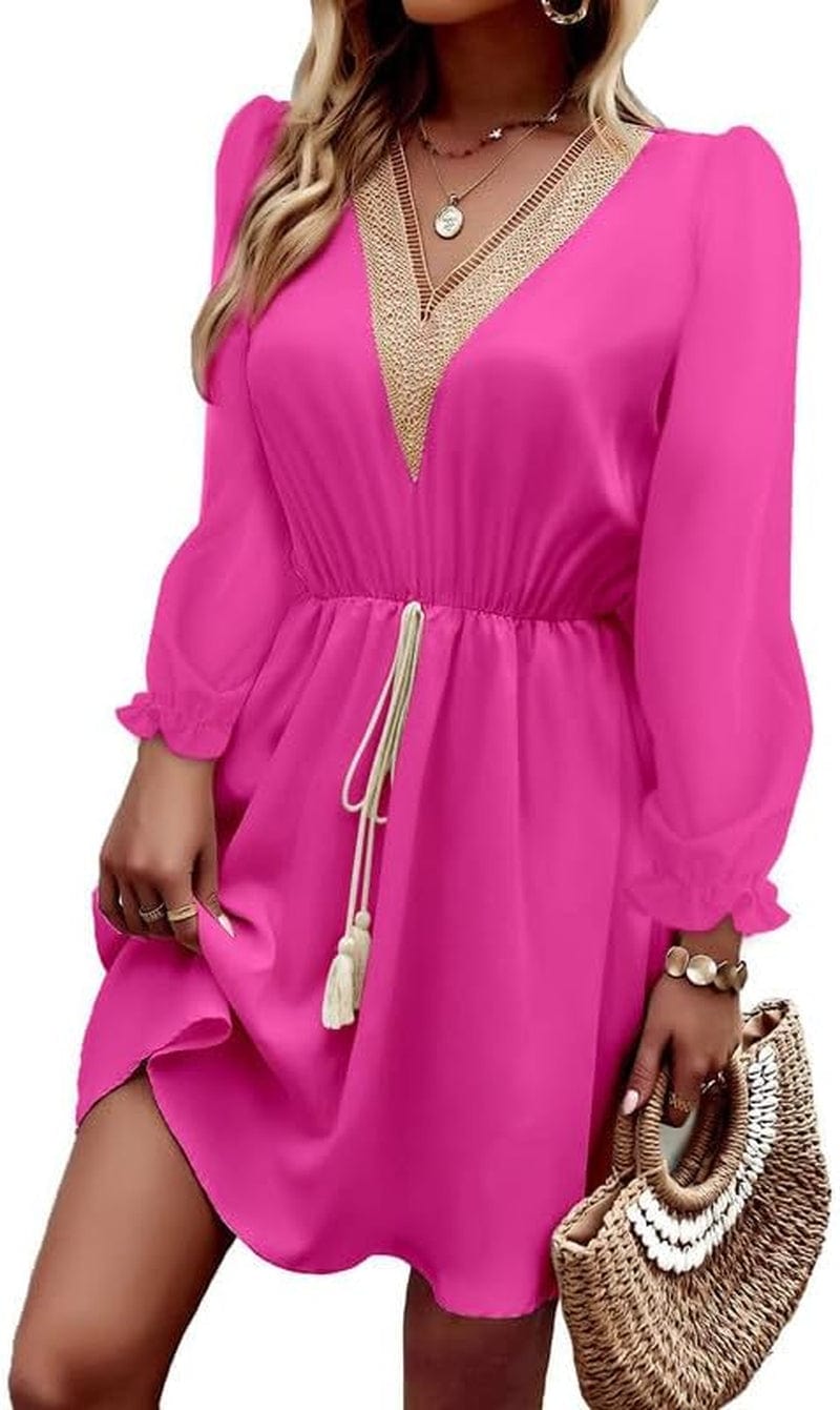 Dokotoo Womens V Neck Dresses Lantern Long Sleeve Lace Trim Midi Dress Tassel Belt Shirt Dress Hot Pink / Small