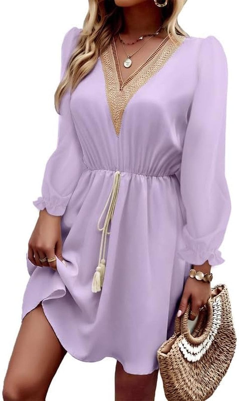 Dokotoo Womens V Neck Dresses Lantern Long Sleeve Lace Trim Midi Dress Tassel Belt Shirt Dress Purple / Small