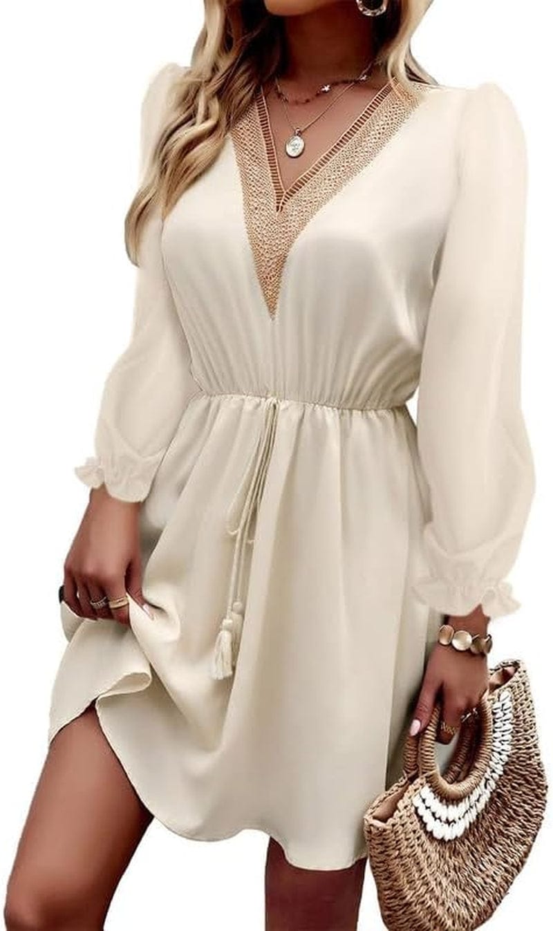 Dokotoo Womens V Neck Dresses Lantern Long Sleeve Lace Trim Midi Dress Tassel Belt Shirt Dress Beige / Large