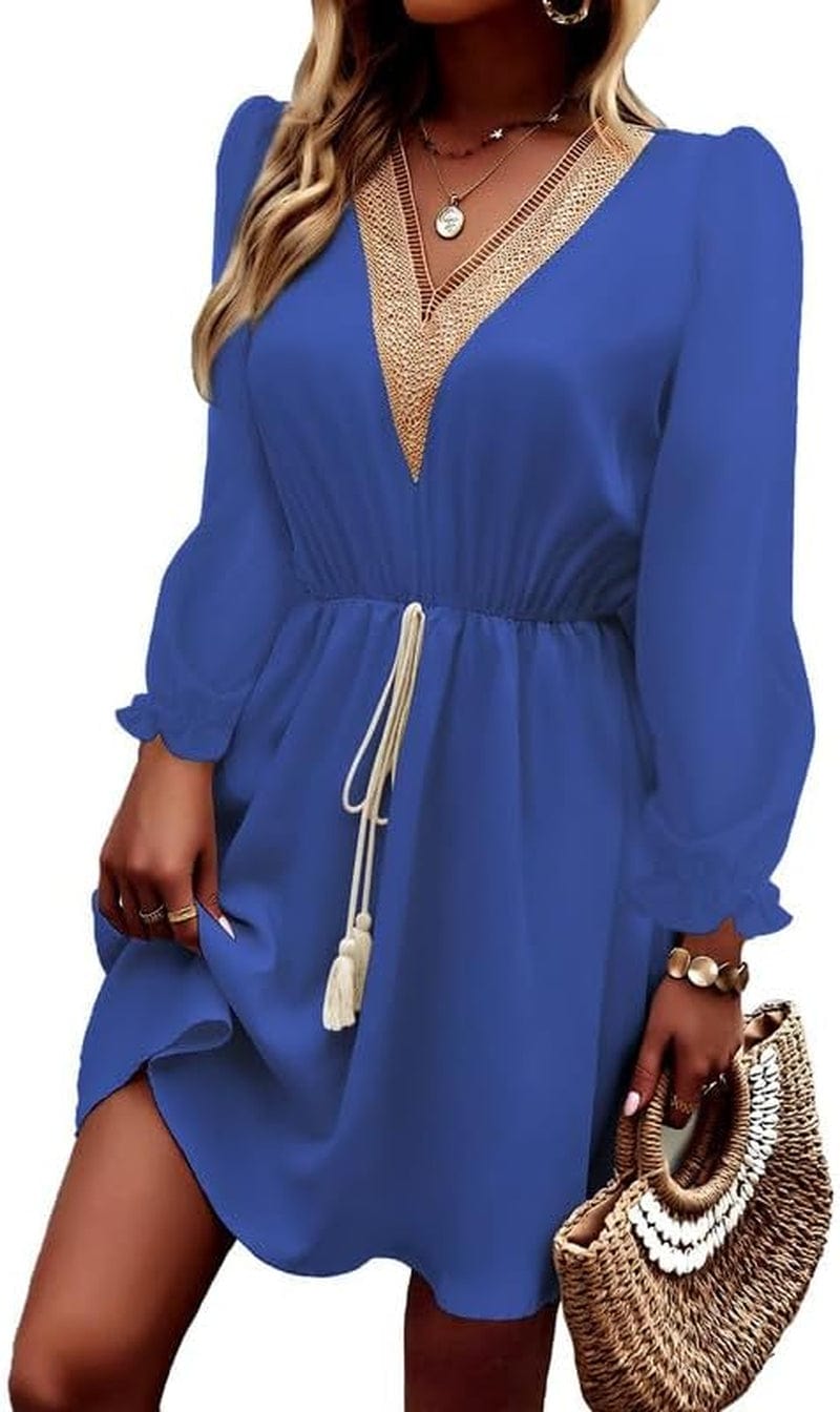Dokotoo Womens V Neck Dresses Lantern Long Sleeve Lace Trim Midi Dress Tassel Belt Shirt Dress Blue / Large