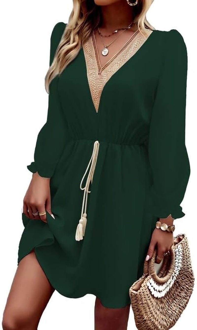 Dokotoo Womens V Neck Dresses Lantern Long Sleeve Lace Trim Midi Dress Tassel Belt Shirt Dress Green / Large
