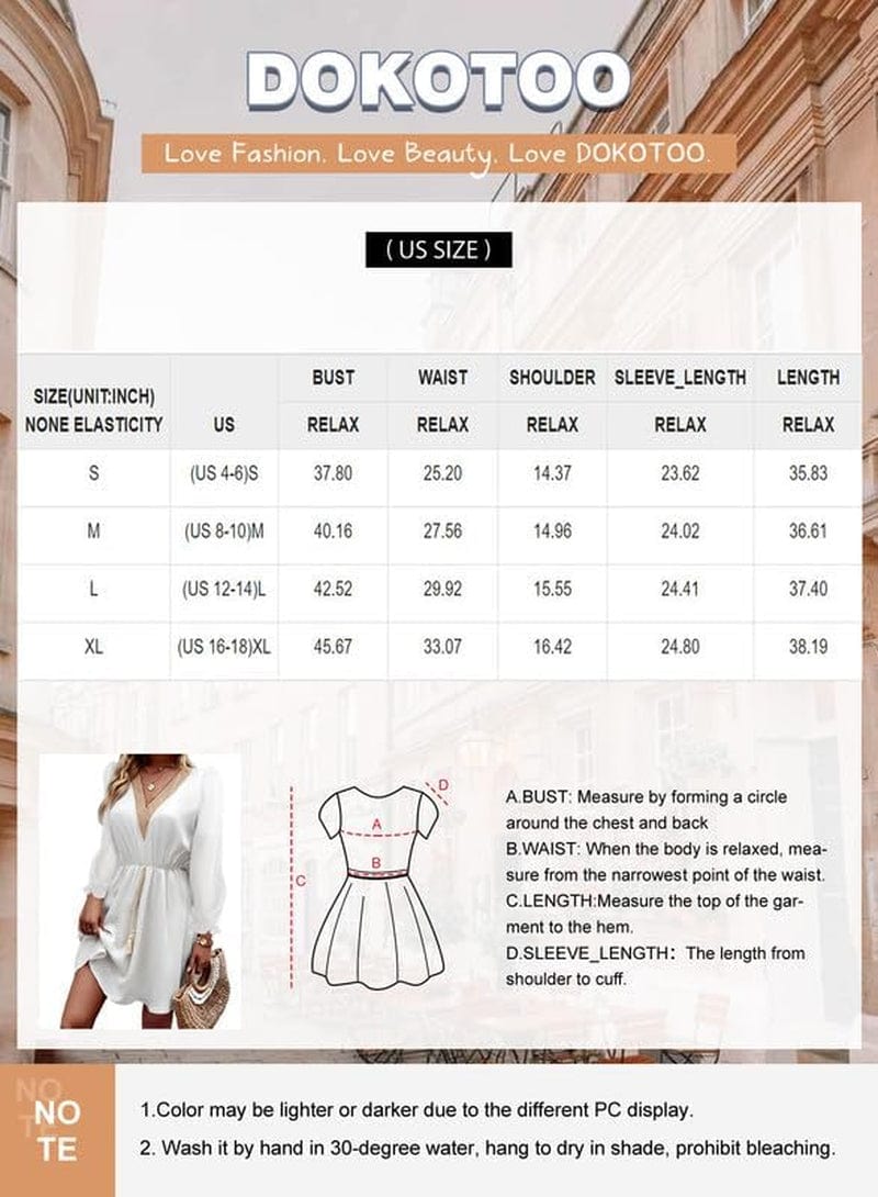 Dokotoo Womens V Neck Dresses Lantern Long Sleeve Lace Trim Midi Dress Tassel Belt Shirt Dress