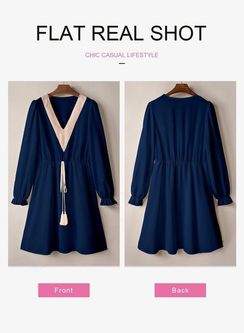 Dokotoo Womens V Neck Dresses Lantern Long Sleeve Lace Trim Midi Dress Tassel Belt Shirt Dress