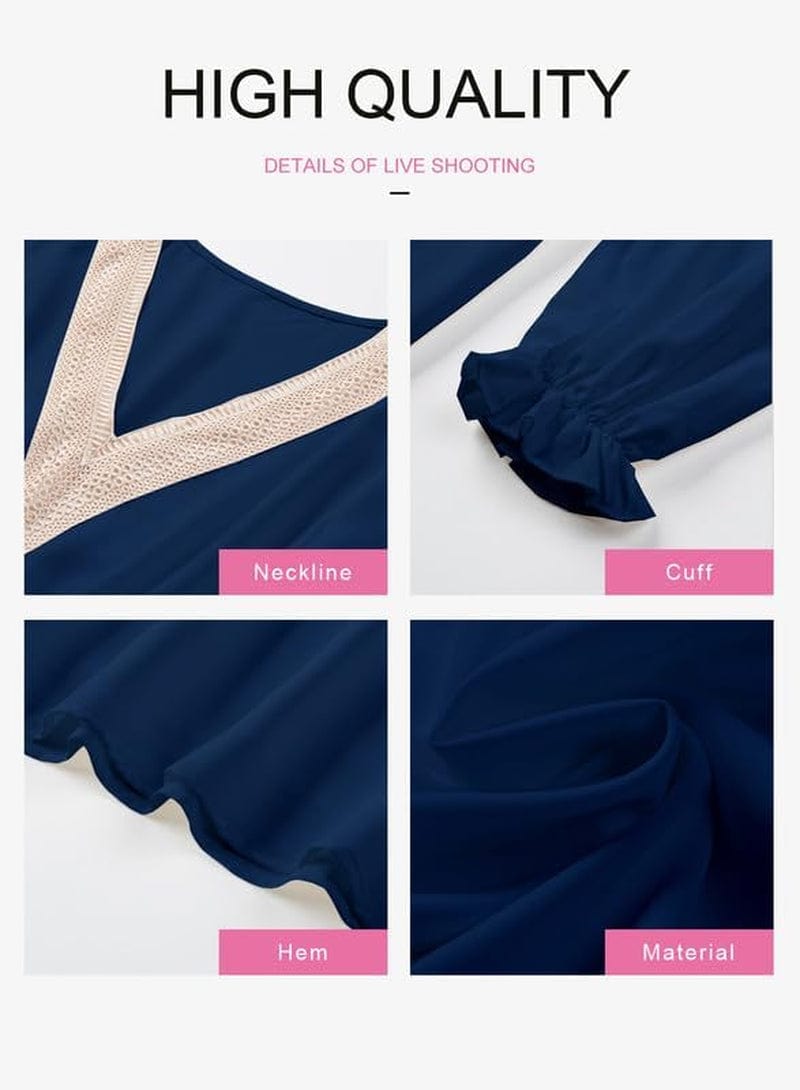 Dokotoo Womens V Neck Dresses Lantern Long Sleeve Lace Trim Midi Dress Tassel Belt Shirt Dress