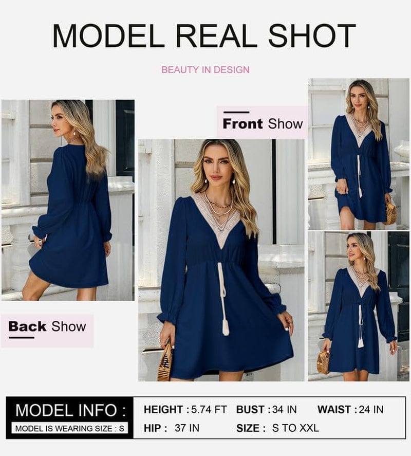 Dokotoo Womens V Neck Dresses Lantern Long Sleeve Lace Trim Midi Dress Tassel Belt Shirt Dress