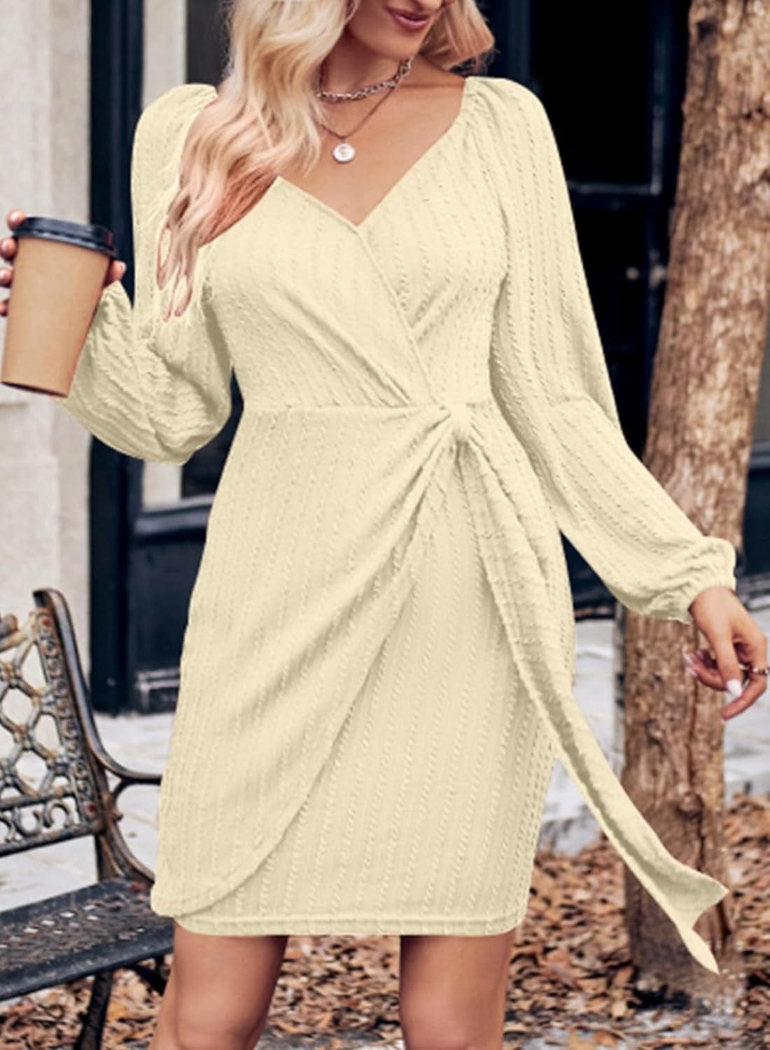 Dokotoo Womens Wrap Ribbed Knit Bodycon Dresses V Neck Long Sleeve Tie Waist Mini Dress