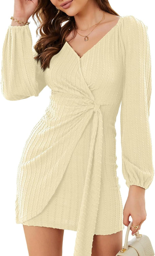 Dokotoo Womens Wrap Ribbed Knit Bodycon Dresses V Neck Long Sleeve Tie Waist Mini Dress