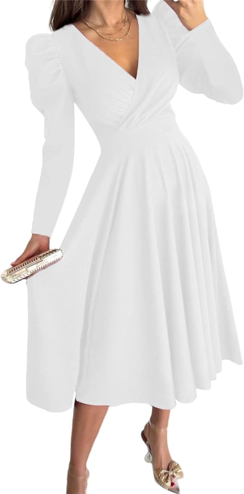 Dokotoo Womens Wrap V Neck Long Sleeve High Waist Vintage Wedding Guest Cocktail Party Swing a Line Midi Dresses White / Small