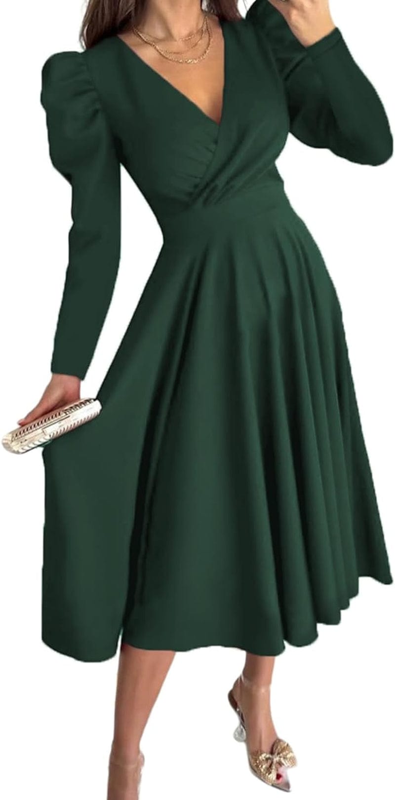 Dokotoo Womens Wrap V Neck Long Sleeve High Waist Vintage Wedding Guest Cocktail Party Swing a Line Midi Dresses Green / X-Large