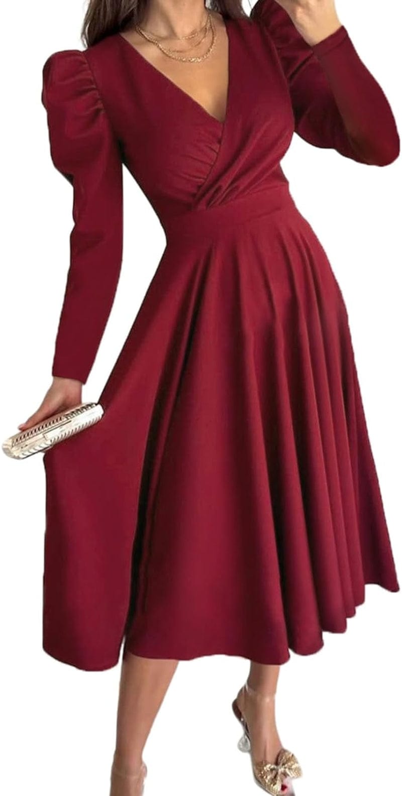 Dokotoo Womens Wrap V Neck Long Sleeve High Waist Vintage Wedding Guest Cocktail Party Swing a Line Midi Dresses Red / Small