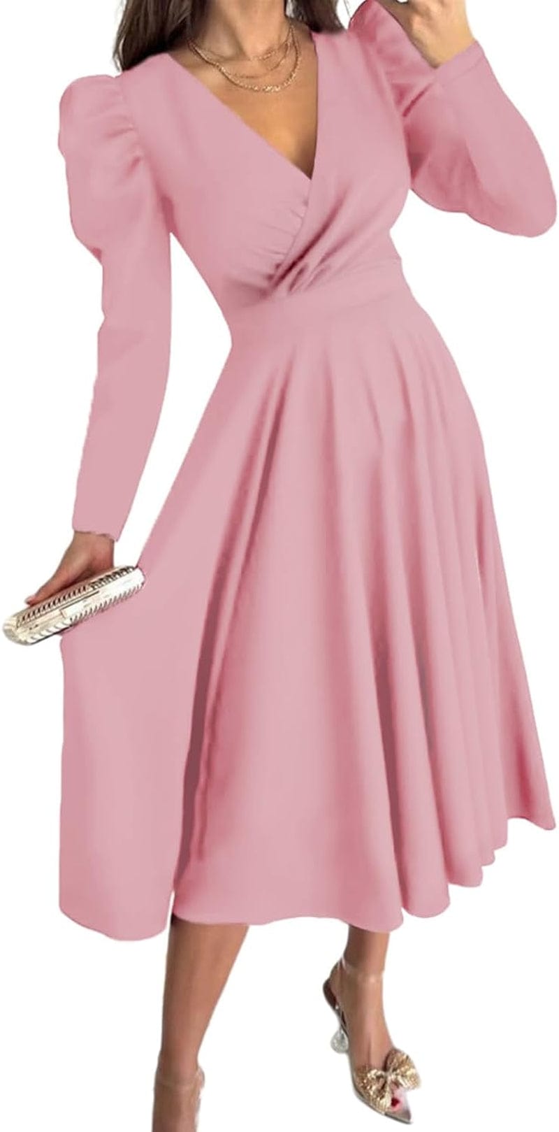 Dokotoo Womens Wrap V Neck Long Sleeve High Waist Vintage Wedding Guest Cocktail Party Swing a Line Midi Dresses Pink / Large
