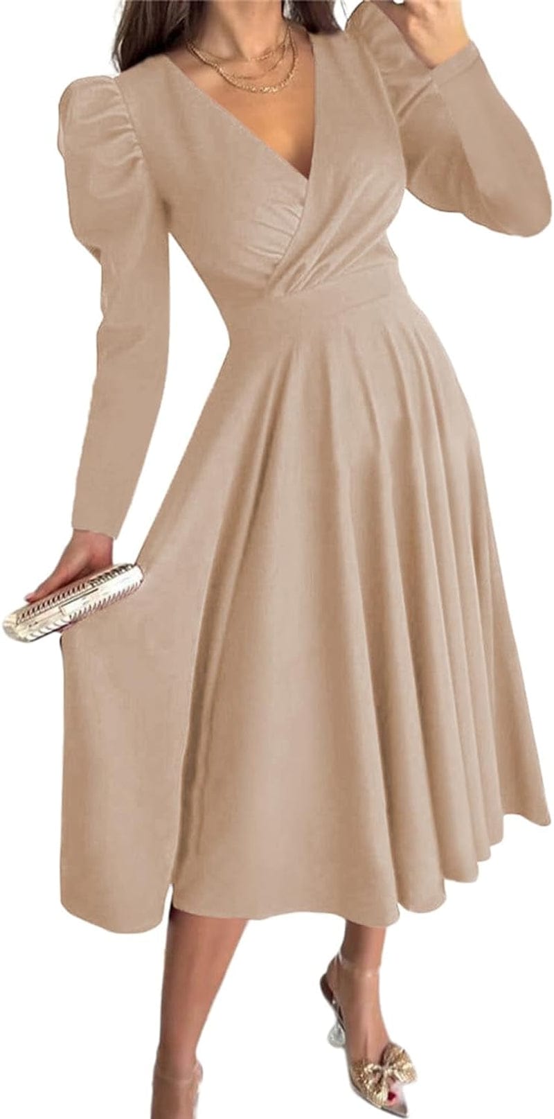 Dokotoo Womens Wrap V Neck Long Sleeve High Waist Vintage Wedding Guest Cocktail Party Swing a Line Midi Dresses Khaki / Large