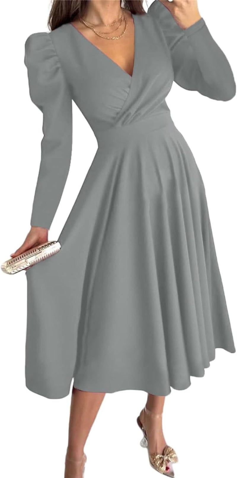 Dokotoo Womens Wrap V Neck Long Sleeve High Waist Vintage Wedding Guest Cocktail Party Swing a Line Midi Dresses Grey / Small