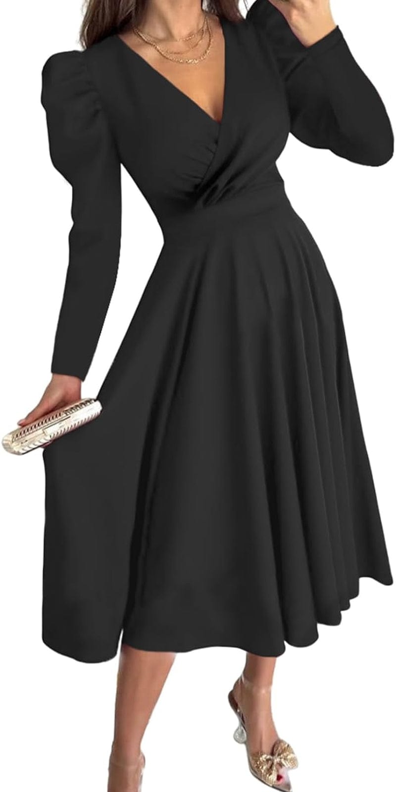 Dokotoo Womens Wrap V Neck Long Sleeve High Waist Vintage Wedding Guest Cocktail Party Swing a Line Midi Dresses Black / Small