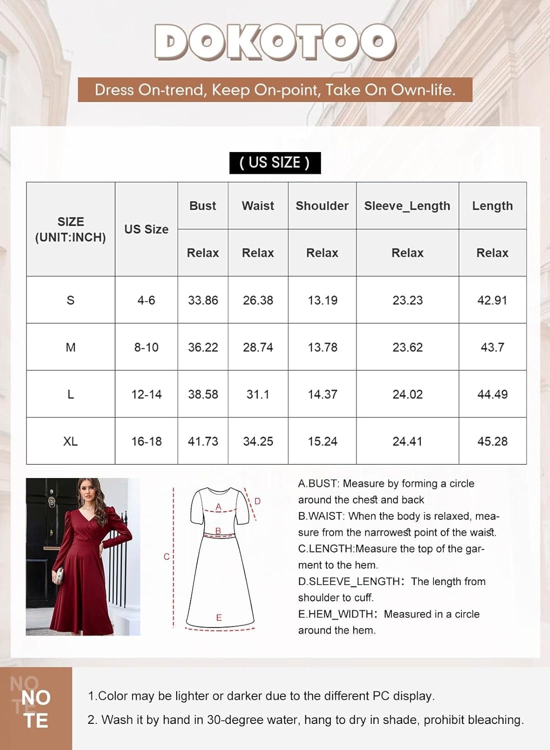 Dokotoo Womens Wrap V Neck Long Sleeve High Waist Vintage Wedding Guest Cocktail Party Swing a Line Midi Dresses