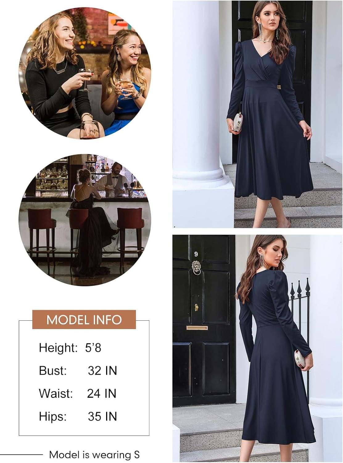 Dokotoo Womens Wrap V Neck Long Sleeve High Waist Vintage Wedding Guest Cocktail Party Swing a Line Midi Dresses