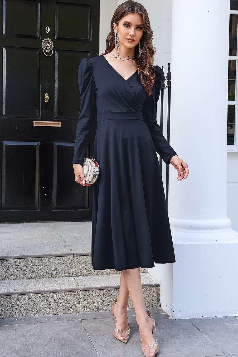 Dokotoo Womens Wrap V Neck Long Sleeve High Waist Vintage Wedding Guest Cocktail Party Swing a Line Midi Dresses