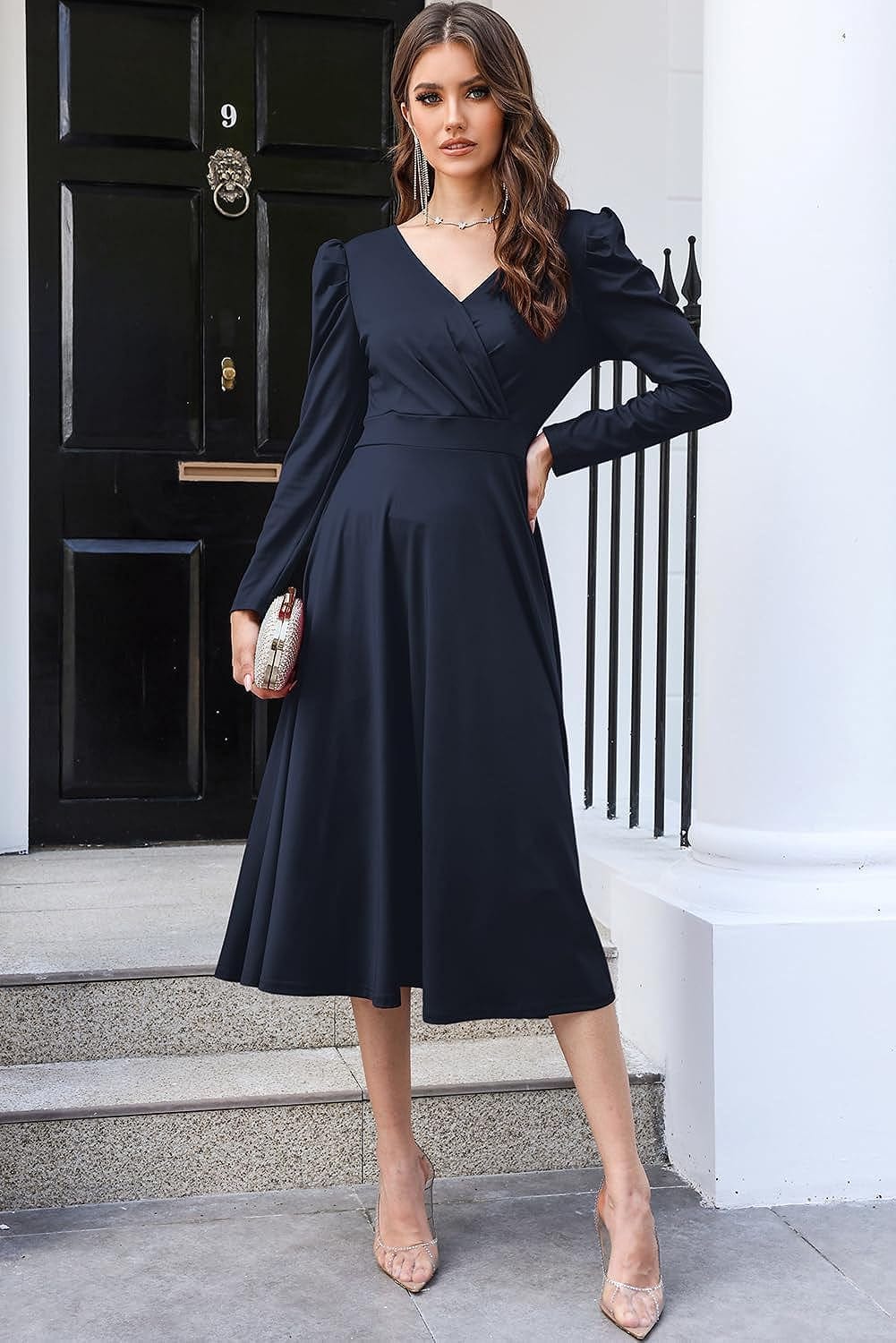 Dokotoo Womens Wrap V Neck Long Sleeve High Waist Vintage Wedding Guest Cocktail Party Swing a Line Midi Dresses