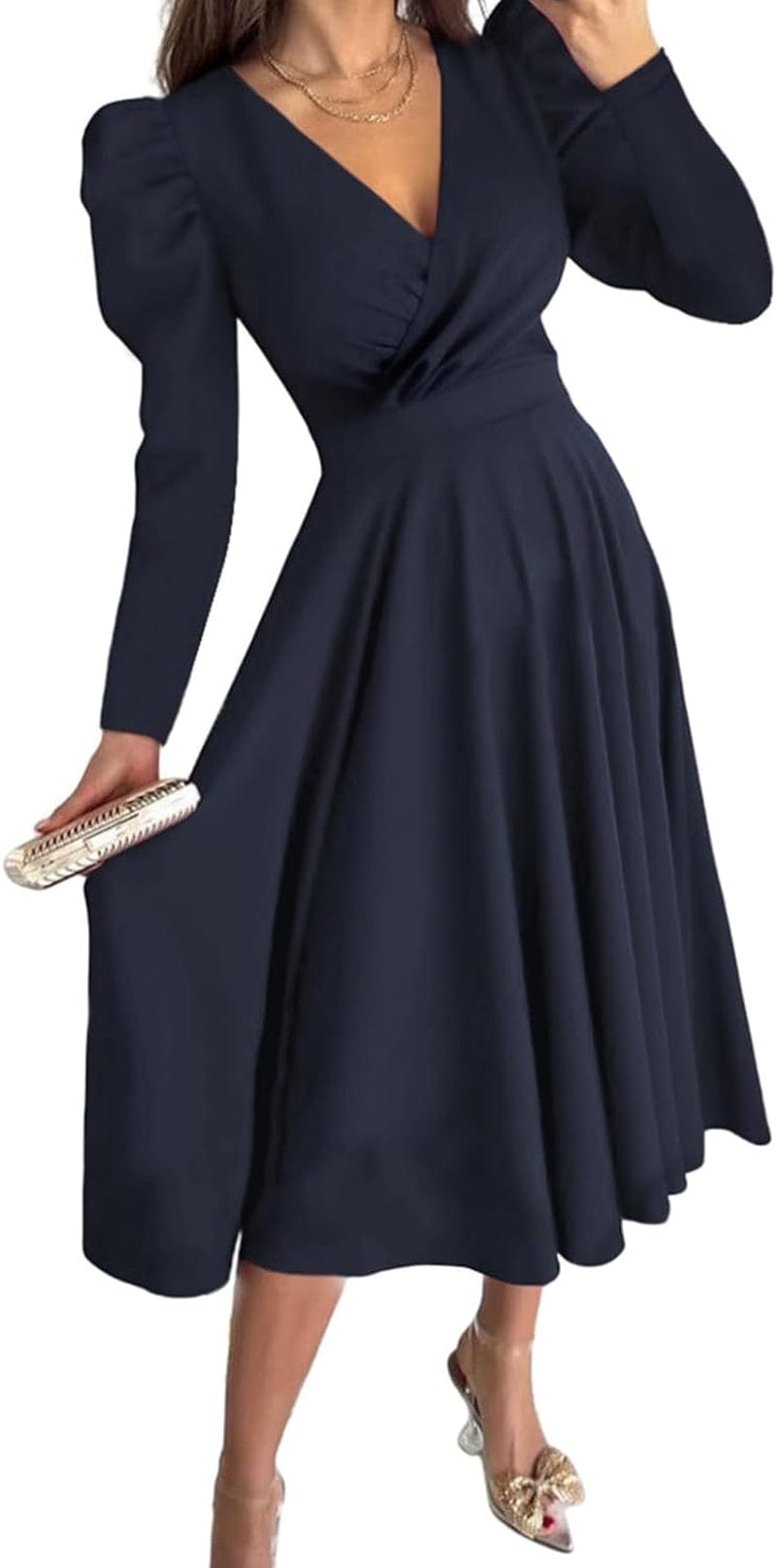 Dokotoo Womens Wrap V Neck Long Sleeve High Waist Vintage Wedding Guest Cocktail Party Swing a Line Midi Dresses