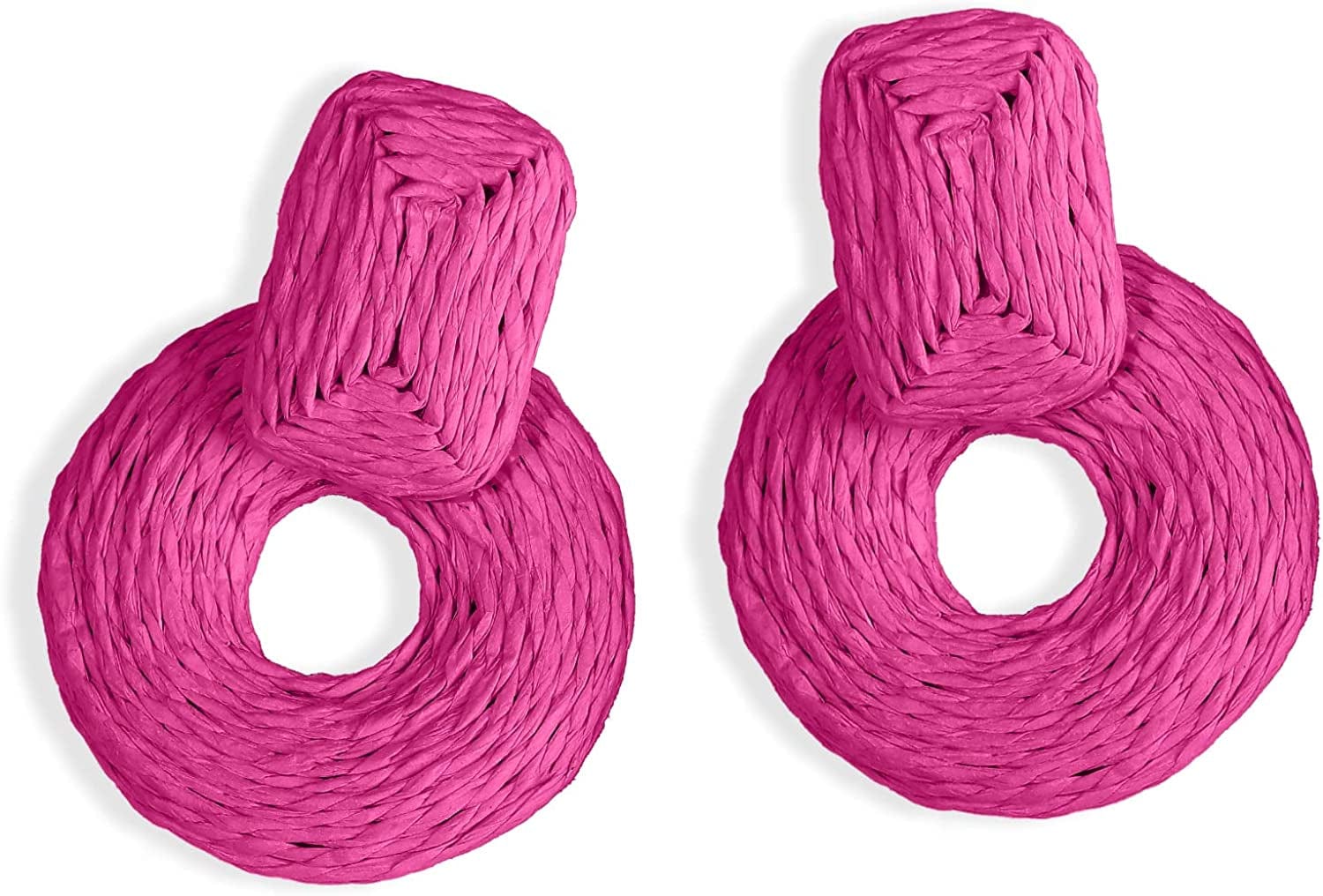 Doreenbow Raffia round Dangle Earrings Boho Drop Handmade Straw Earrings Rattan Earrings Geometric Dangle Earrings for Women Girls A-Hot Pink