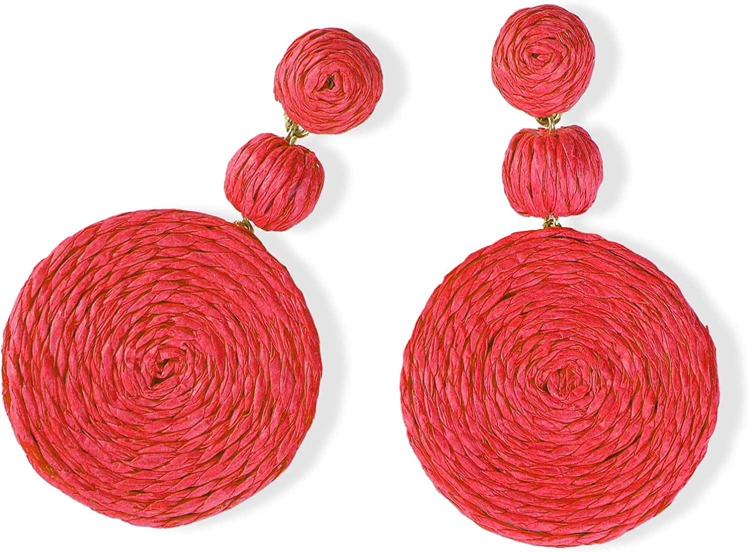 Doreenbow Raffia round Dangle Earrings Boho Drop Handmade Straw Earrings Rattan Earrings Geometric Dangle Earrings for Women Girls B-Red