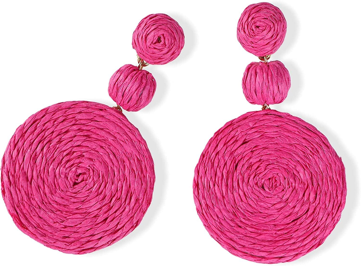 Doreenbow Raffia round Dangle Earrings Boho Drop Handmade Straw Earrings Rattan Earrings Geometric Dangle Earrings for Women Girls B-Hot Pink