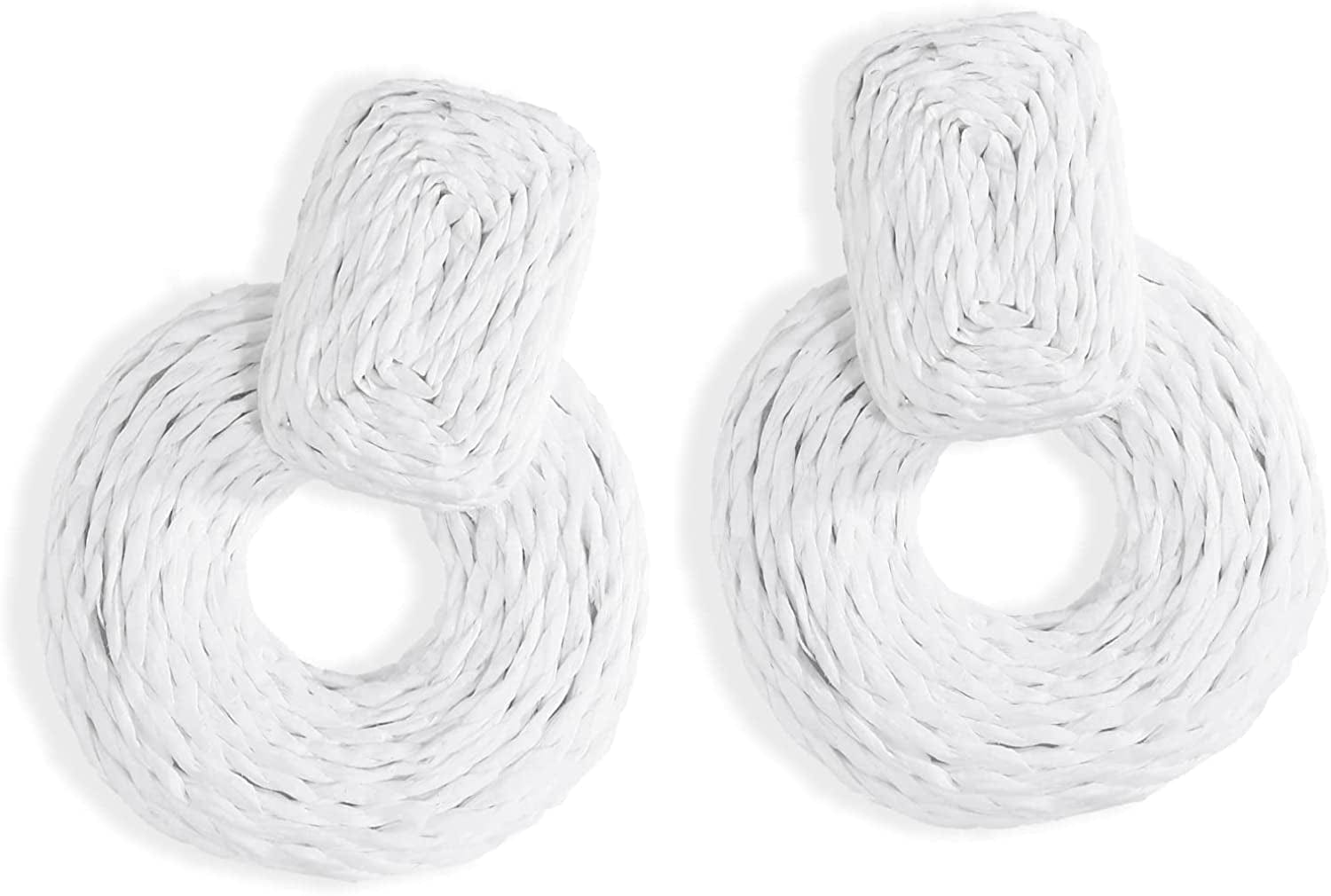 Doreenbow Raffia round Dangle Earrings Boho Drop Handmade Straw Earrings Rattan Earrings Geometric Dangle Earrings for Women Girls A-White
