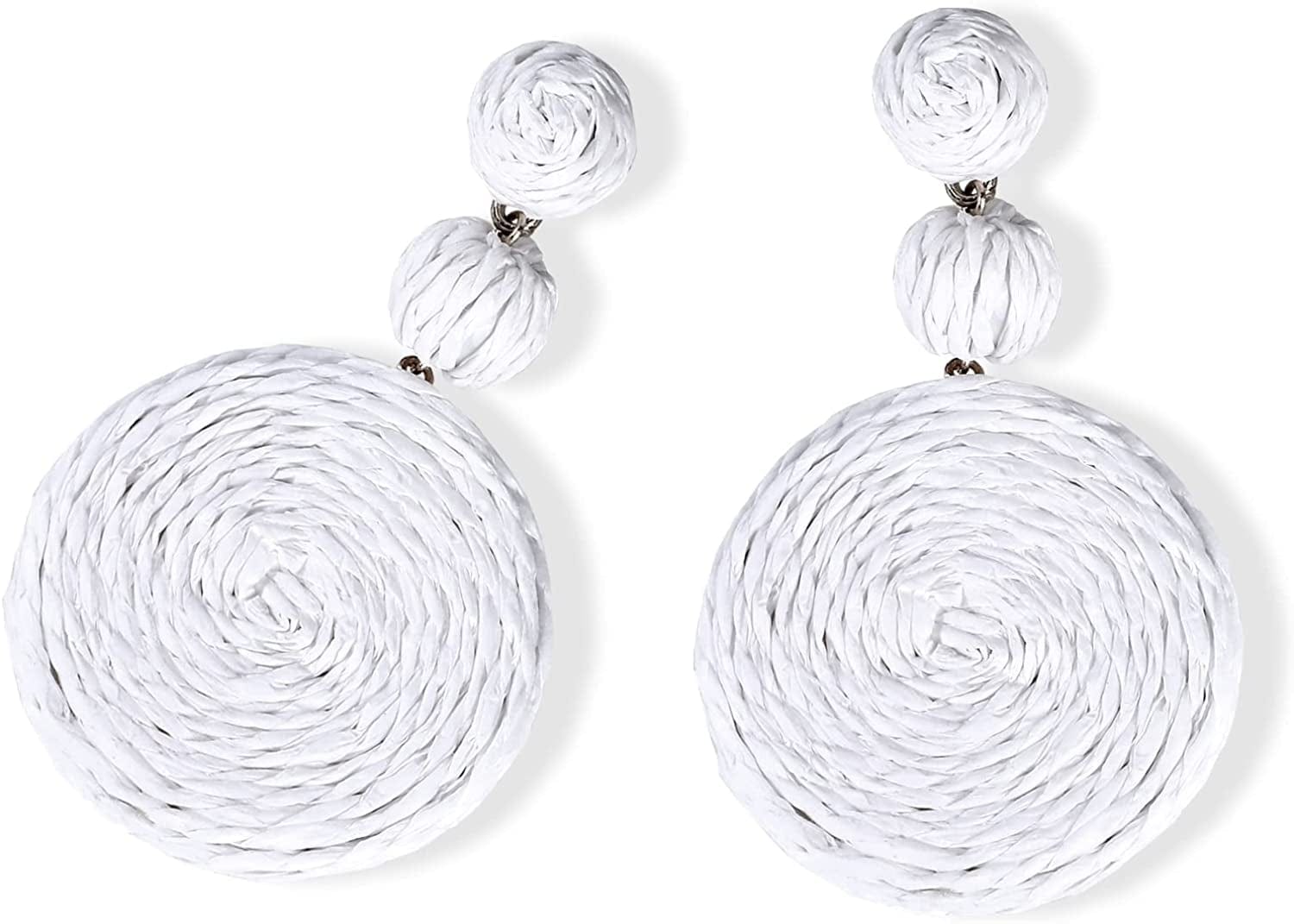 Doreenbow Raffia round Dangle Earrings Boho Drop Handmade Straw Earrings Rattan Earrings Geometric Dangle Earrings for Women Girls B-White
