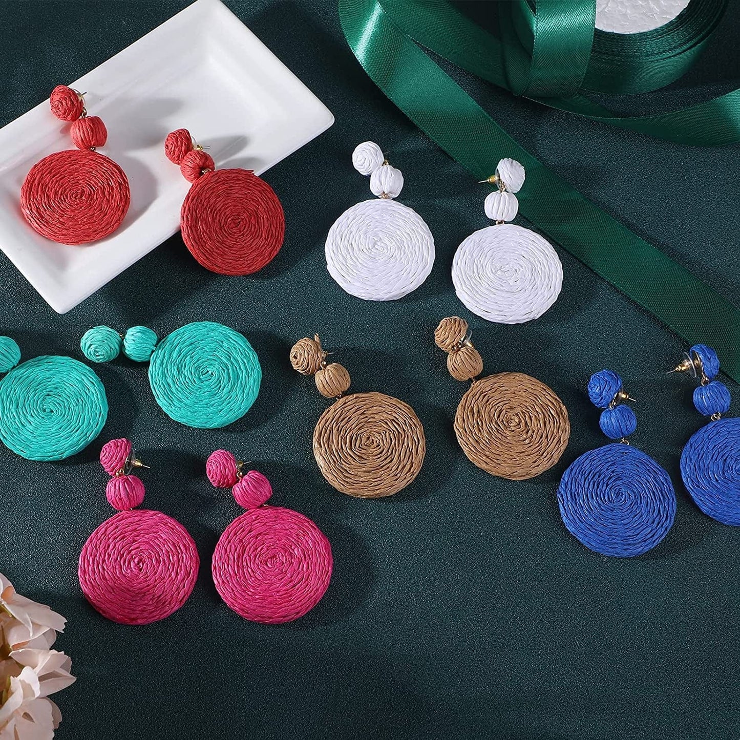 Doreenbow Raffia round Dangle Earrings Boho Drop Handmade Straw Earrings Rattan Earrings Geometric Dangle Earrings for Women Girls