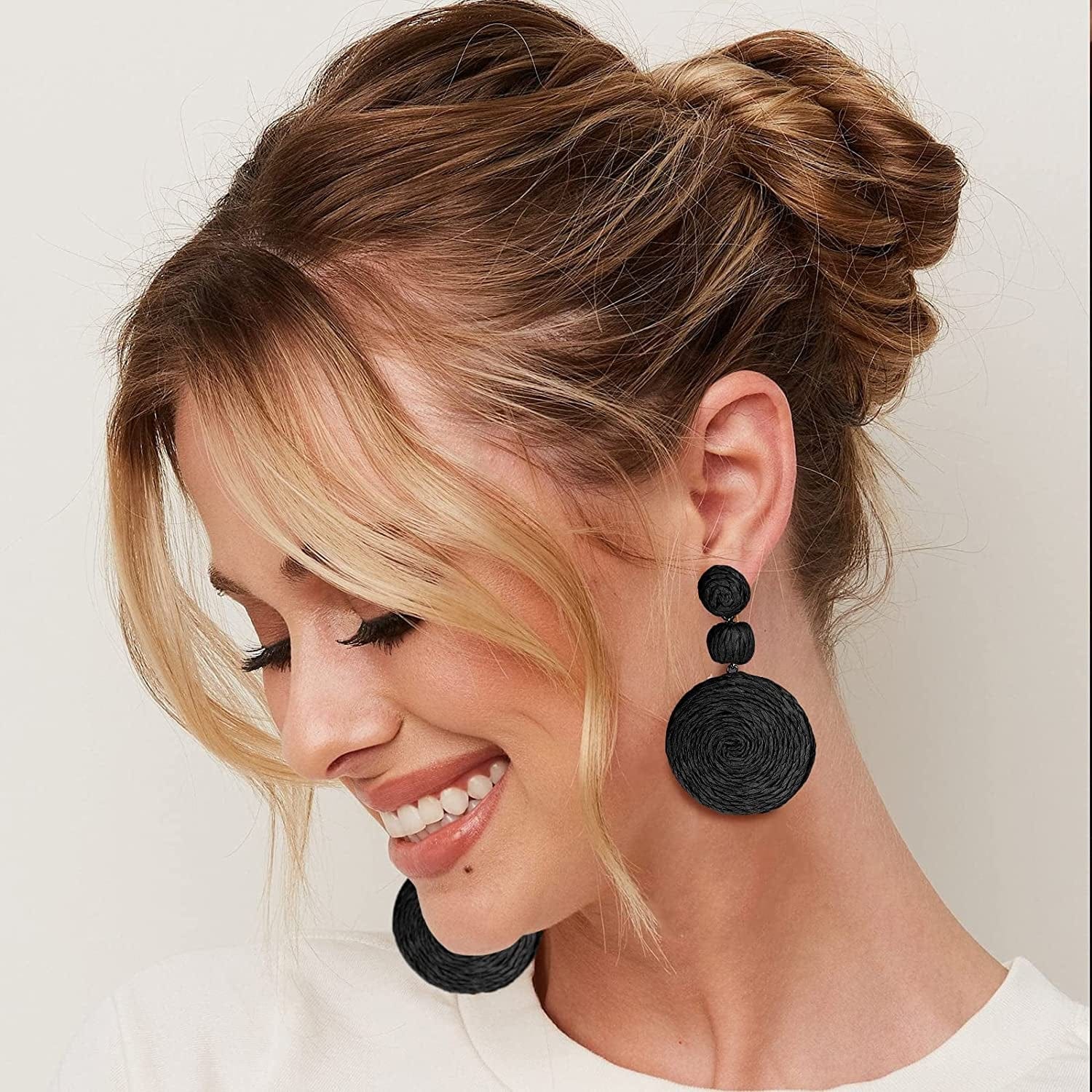 Doreenbow Raffia round Dangle Earrings Boho Drop Handmade Straw Earrings Rattan Earrings Geometric Dangle Earrings for Women Girls