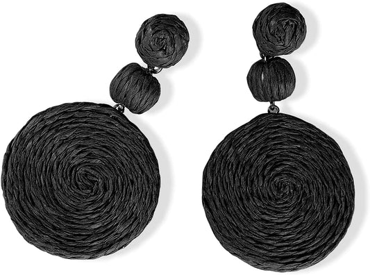 Doreenbow Raffia round Dangle Earrings Boho Drop Handmade Straw Earrings Rattan Earrings Geometric Dangle Earrings for Women Girls B-Black