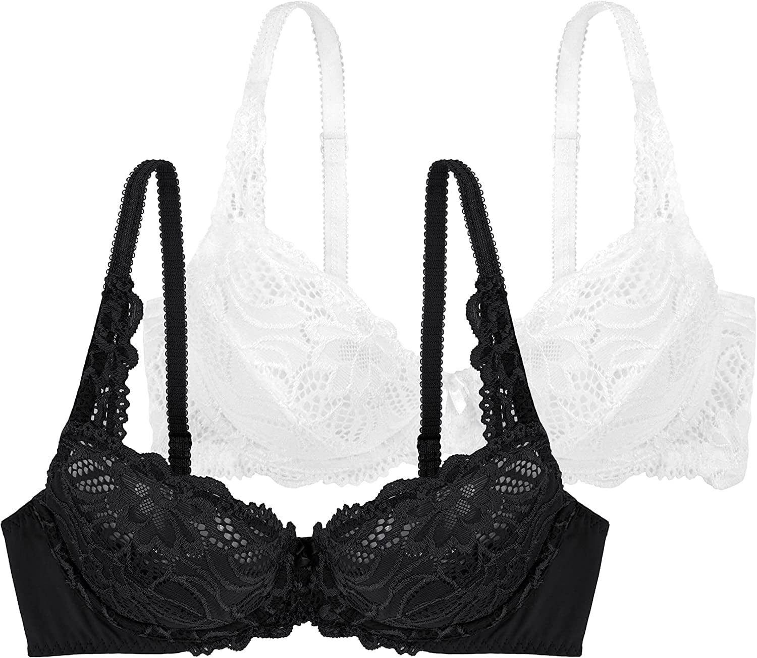 DORINA Angie Women Sexy Demi Full Cup Coverage Non Padded No Padding Underwire Lace Comfort Everyday Soft See through Bra Full Cup Pack of 2 Bra - Black/White - Angie / 40C