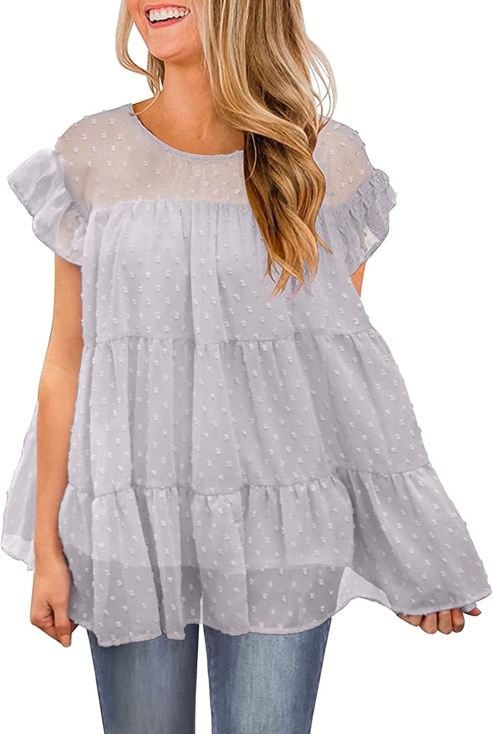 DOROSE Women'S Summer Top Ruffle Loose Casual Sleeveless Blouses Tops Light Grey / Small