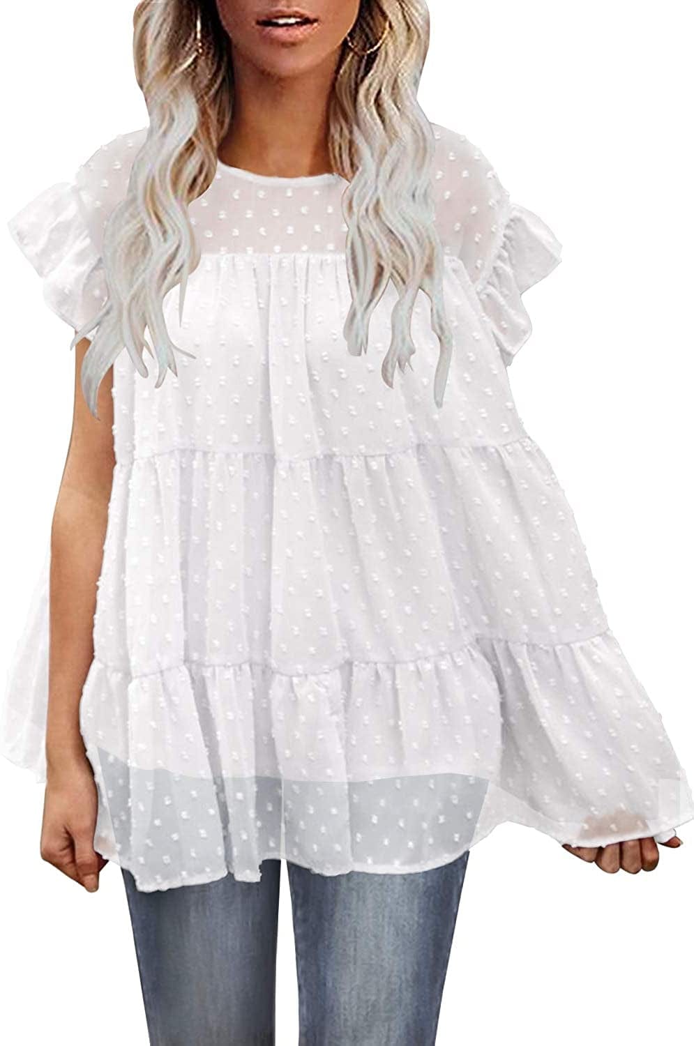 DOROSE Women'S Summer Top Ruffle Loose Casual Sleeveless Blouses Tops A_ White / Small