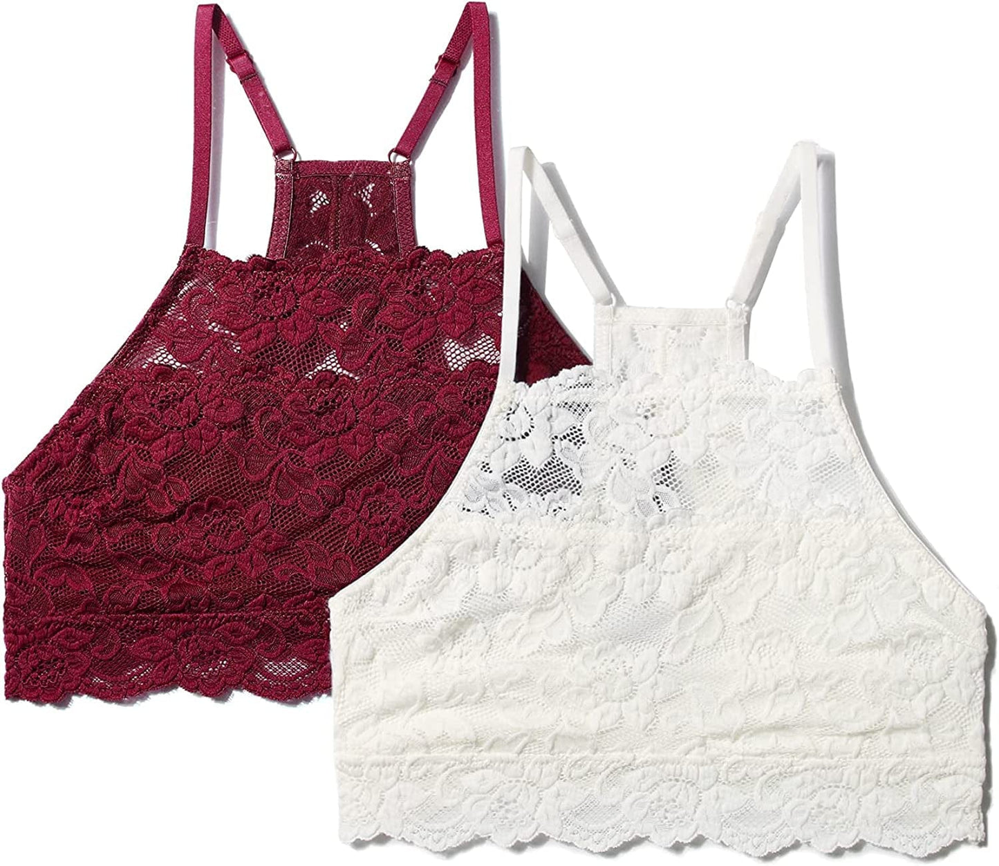 Dotvol High-Neck Lace Bralette for Women Racerback Floral Crop Top Vest Bra White&wine Red 2 Pack / Small