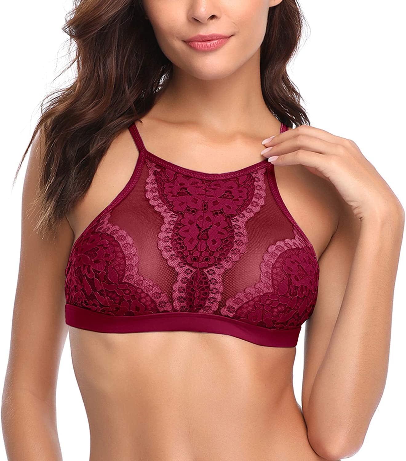 Dotvol High-Neck Lace Bralette for Women Racerback Floral Crop Top Vest Bra #388 Wine Red / X-Small
