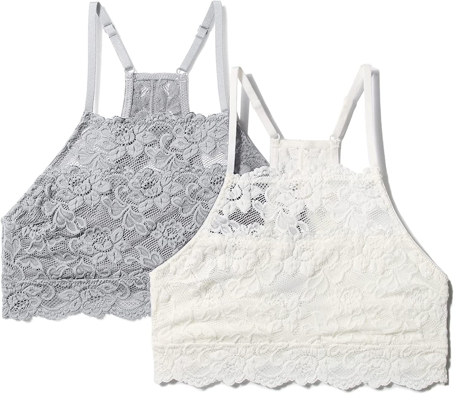 Dotvol High-Neck Lace Bralette for Women Racerback Floral Crop Top Vest Bra White&light Gray 2 Pack / Large