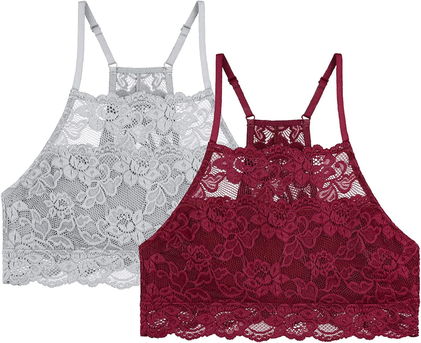 Dotvol High-Neck Lace Bralette for Women Racerback Floral Crop Top Vest Bra Wine Red&light Gray 2 Pack / Small