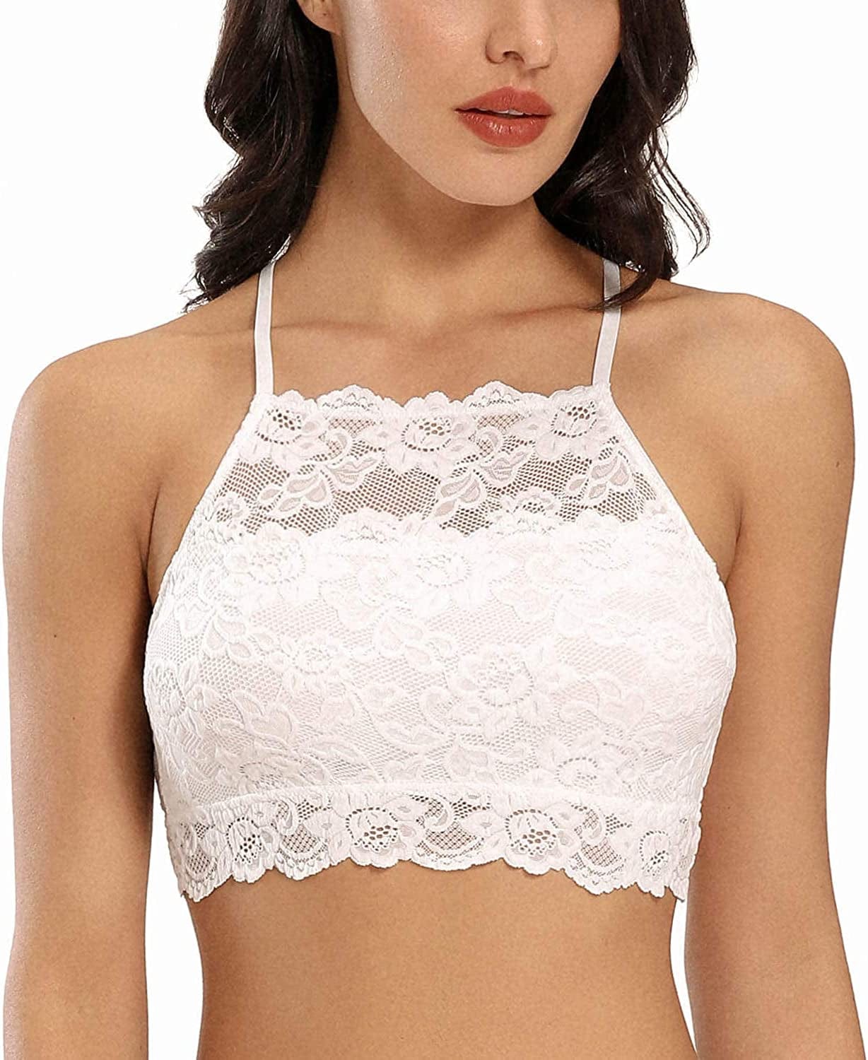 Dotvol High-Neck Lace Bralette for Women Racerback Floral Crop Top Vest Bra White / X-Large