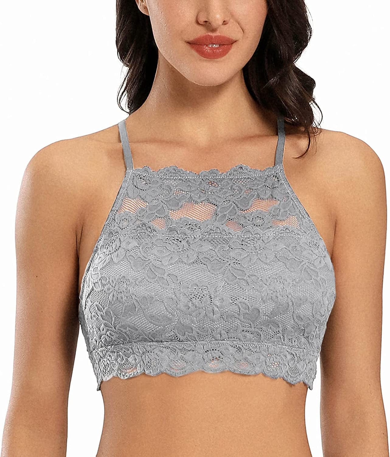 Dotvol High-Neck Lace Bralette for Women Racerback Floral Crop Top Vest Bra Grey / X-Small
