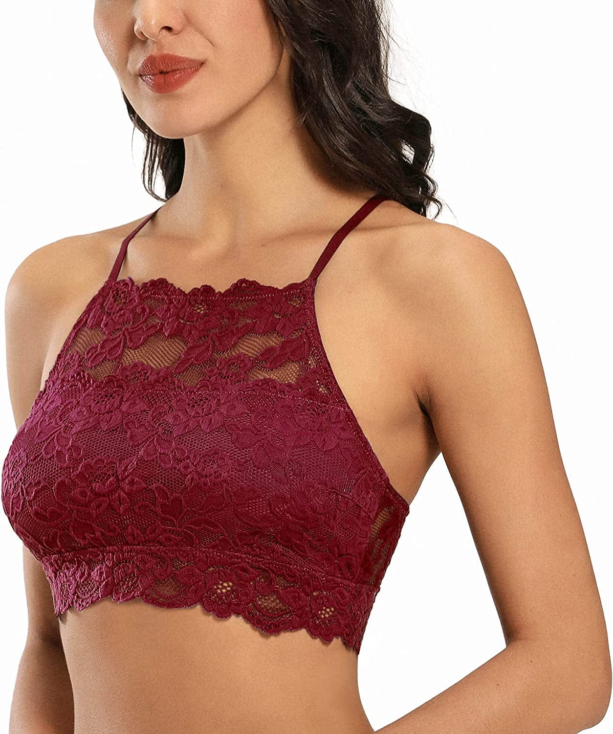 Dotvol High-Neck Lace Bralette for Women Racerback Floral Crop Top Vest Bra Wine Red / Small