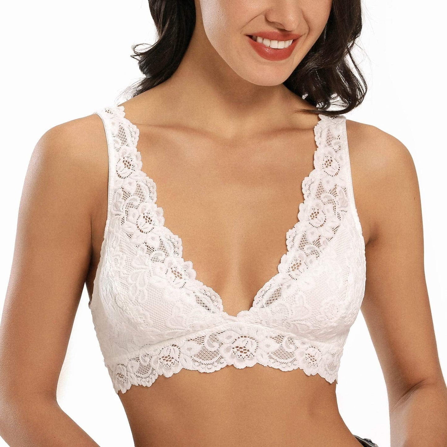 Dotvol Women'S Deep V Neck Plunge Lace Bralette Floral Unpadded Lace Long Line Wirefree Bra White / Large