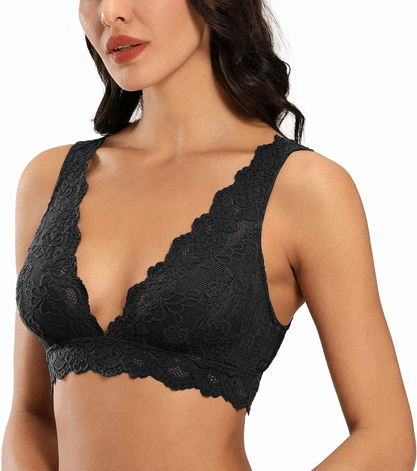 Dotvol Women'S Deep V Neck Plunge Lace Bralette Floral Unpadded Lace Long Line Wirefree Bra