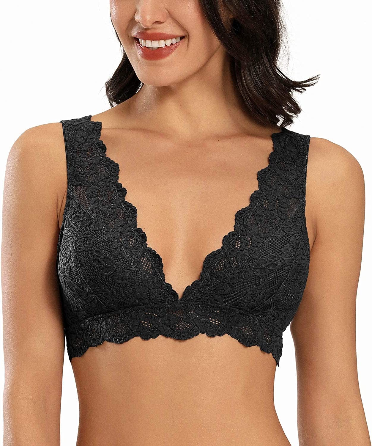 Dotvol Women'S Deep V Neck Plunge Lace Bralette Floral Unpadded Lace Long Line Wirefree Bra