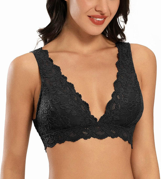 Dotvol Women'S Deep V Neck Plunge Lace Bralette Floral Unpadded Lace Long Line Wirefree Bra Black / Medium