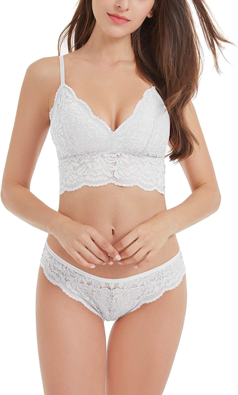 Dotvol Women'S Floral Lace Bralette Removable Padded Standard Plunge Wirefree Bra and Panty Set White / X-Small