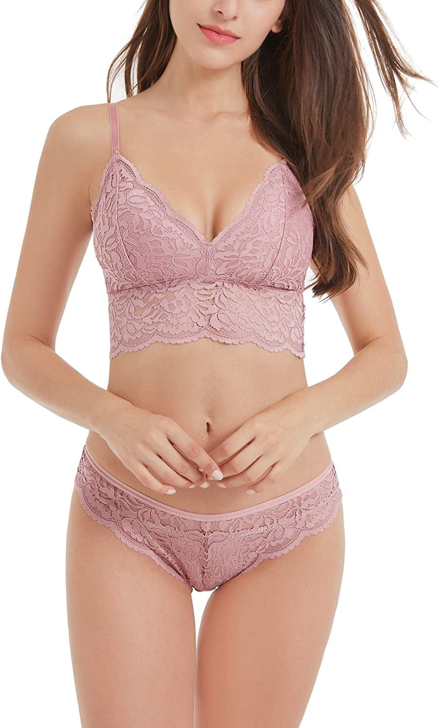 Dotvol Women'S Floral Lace Bralette Removable Padded Standard Plunge Wirefree Bra and Panty Set Purple / Large